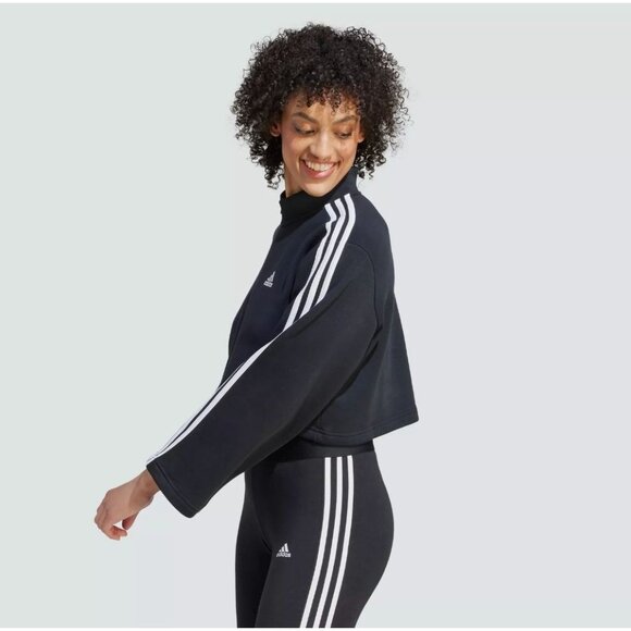 adidas Tops - Adidas Womens Black 3-Stripes Loose Fit Cropped Sweatshirt L
